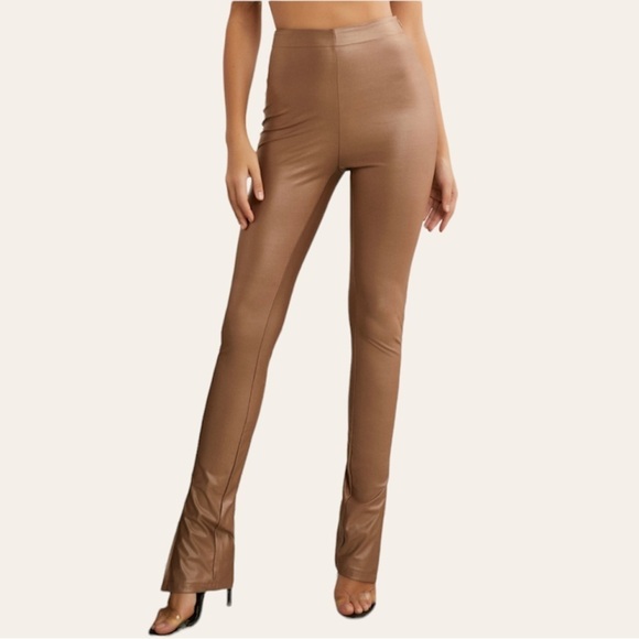 SBetro High Waist Slit Hem Faux Leather Light Brown - Picture 2 of 8